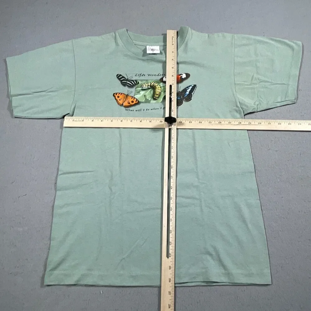 Vintage Shirt Medium Caterpillar Butterflies Made in USA Single Stitch Green‎